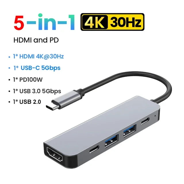 5-in-1 USB-C Hub – 4K HDMI, USB 3.0 & PD100W for MacBook & iPad Pro