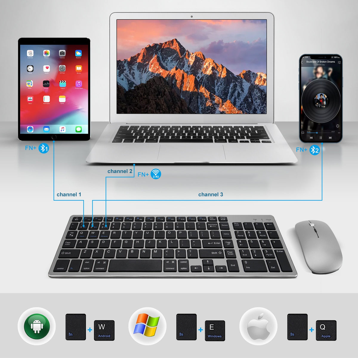 Wireless Bluetooth Keyboard & Mouse Set for iPad – Silent Keys
